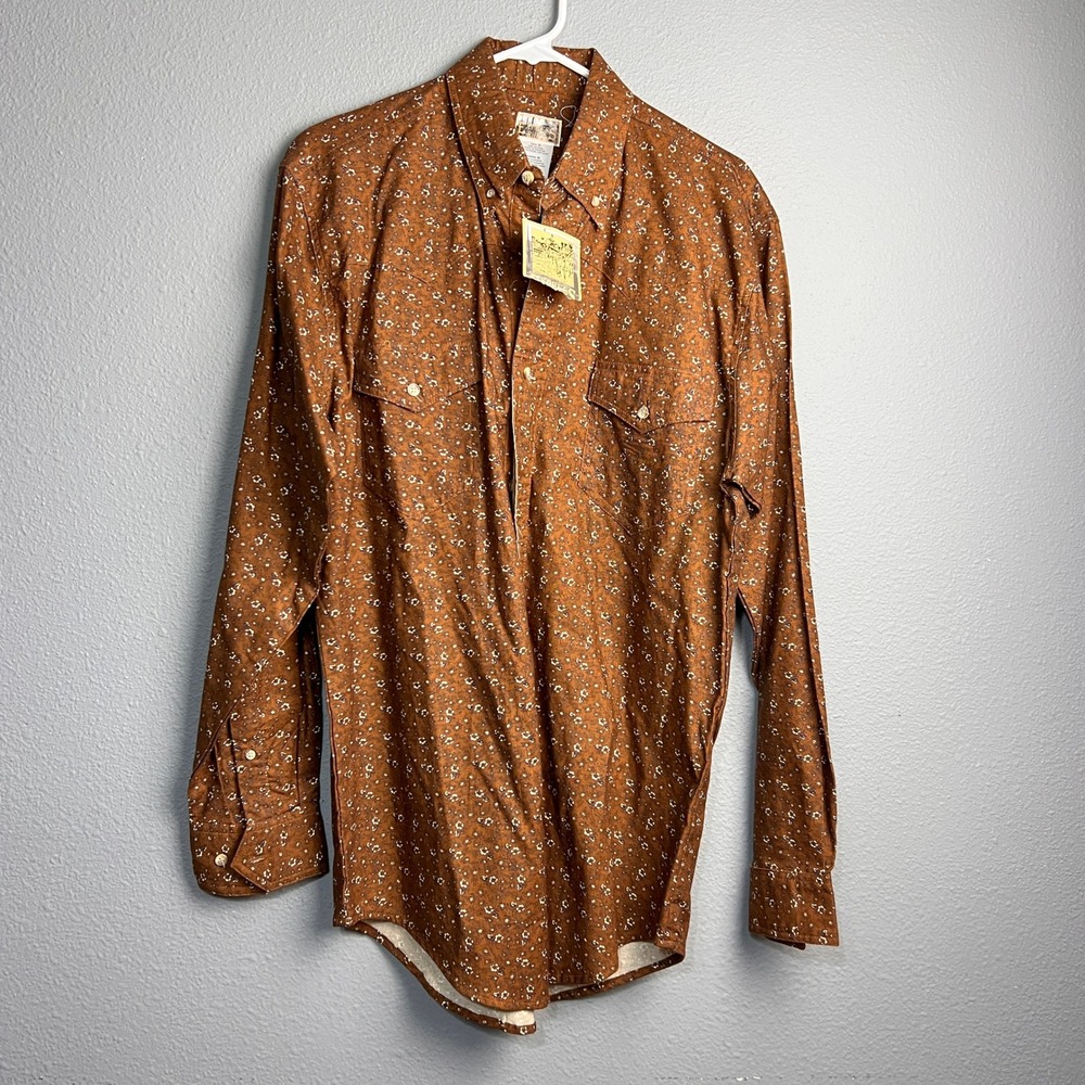Express Rider Mens Western Shirt Brown Floral Calico Cotton Long Sleeve Medium